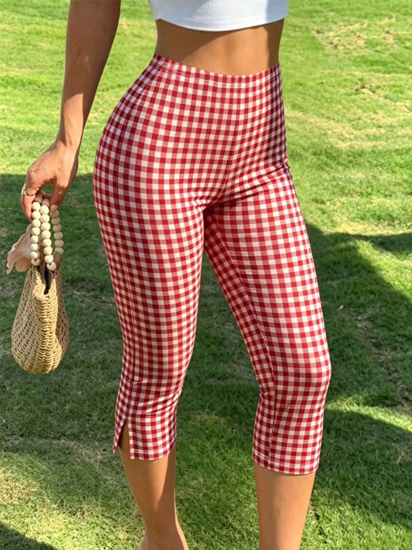 Women's Split Hem Capri Pants, Printed Tight-Fit Bottoms, All-Season Wear, Solid Pattern, Y-Type Silhouette, Plain Surface Design, Casual Style Bottoms, Casual Summer Pants