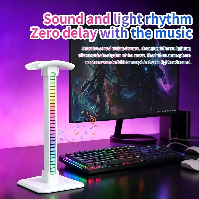RGB Headphone Stand with Ambient Pickup Light, Audio Accessory, Gaming Headset Holder with 18 Lighting Modes & 2 Dynamic Effects, Plug-in RGB Sound Reactive Desk Headphone Display Stand, White