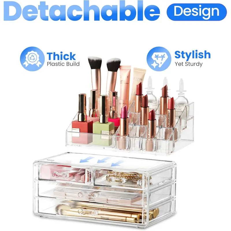 Clear Makeup Organizer - 16-Compartment Cosmetic and Jewelry Holder with 4 Drawers - Vanity Storage Box for Makeup, Skincare, Accessories, and Jewelry Display