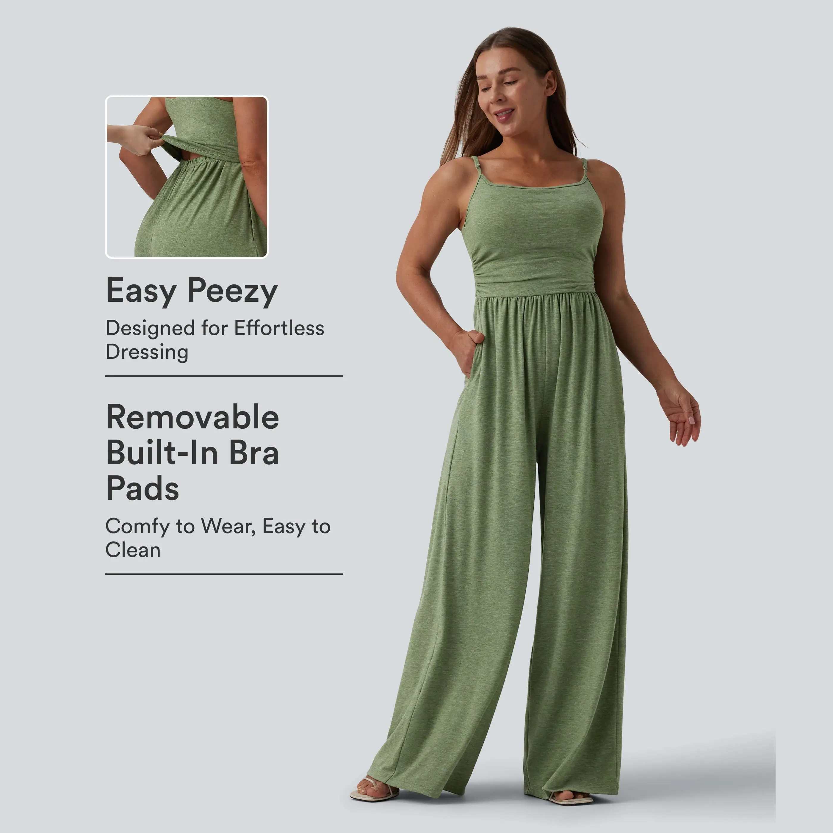 Halara Adjustable Straps Ruched Wide Leg Heathered Casual Jumpsuit with Pockets-Easy Peezy Halara Adjustable Straps Ruched Wide Leg Heathered Casual Jumpsuit with Pockets-Easy Peezy
