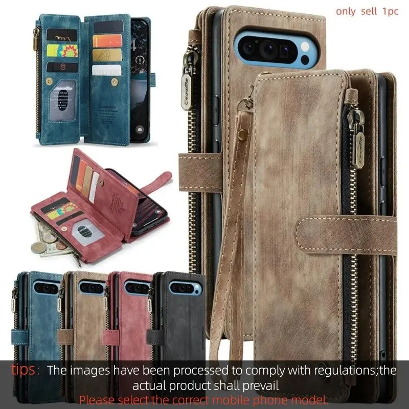 Zipper Wallet Case for Google Pixel 10 10A 9 9A Pro XL 8 8A 8Pro Flip Case Strap Magnetic Kickstand Cards Slot Protective Cellphone Cover Accessories Cellphone Casing