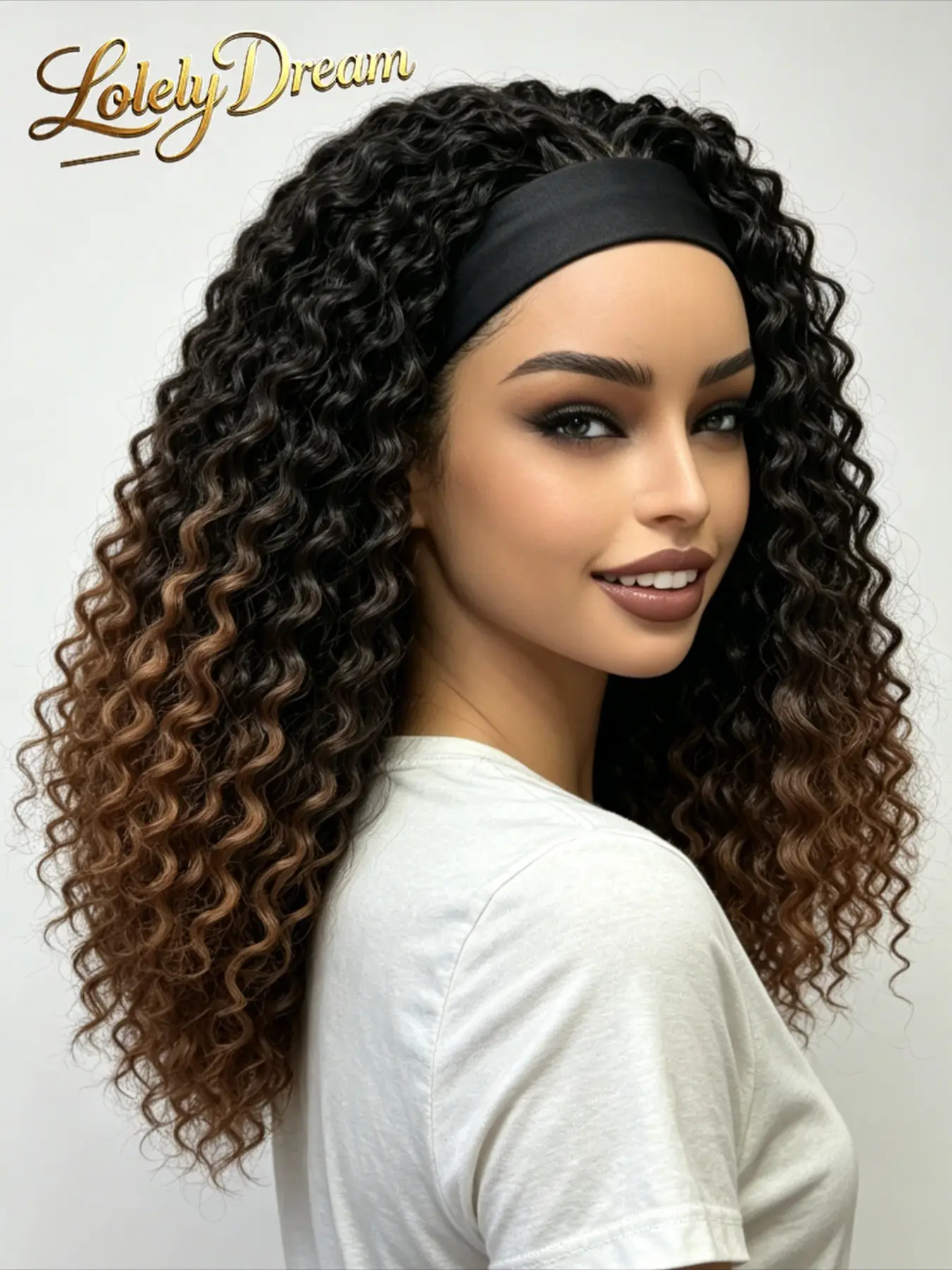 16 Inches T1b/30 Ombre Jerry Curly Headband Wig, Deep Wavy Wigs, For Black Women, Wet And Wavy Textured Synthetic Curly Hairpiece Matching Headband Design, Glueless Wear And Go Heat Resistant Fiber Long Curly Wig, Natural Black To Honey