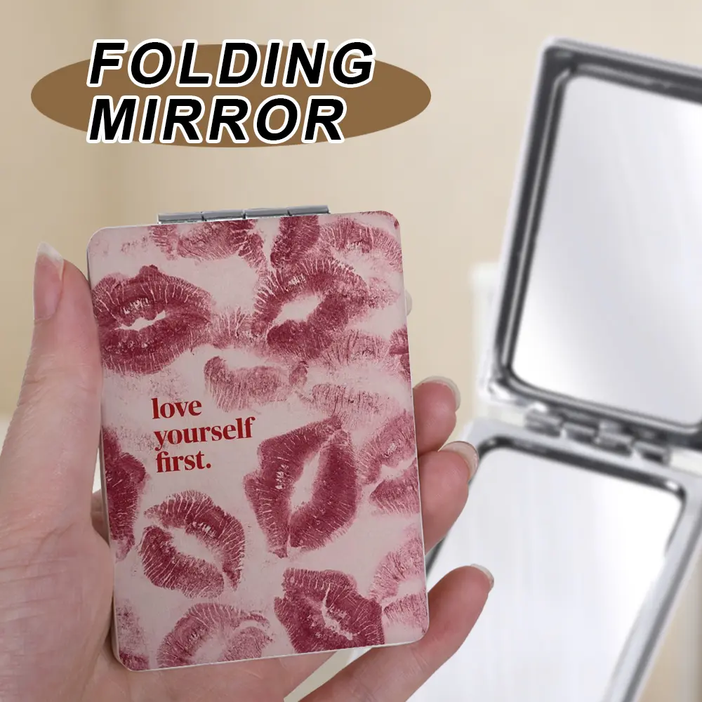 1Pc Vintage Red Lip Print Love Yourself First Compact Mirror, Coquette Aesthetic 1X/2X Magnifying Pocket Mirror for Purse Travel Bathroom, Portable Folding Travel Makeup Mirror, Foldable Makeup Mirror, Perfect Gift for Women Girls