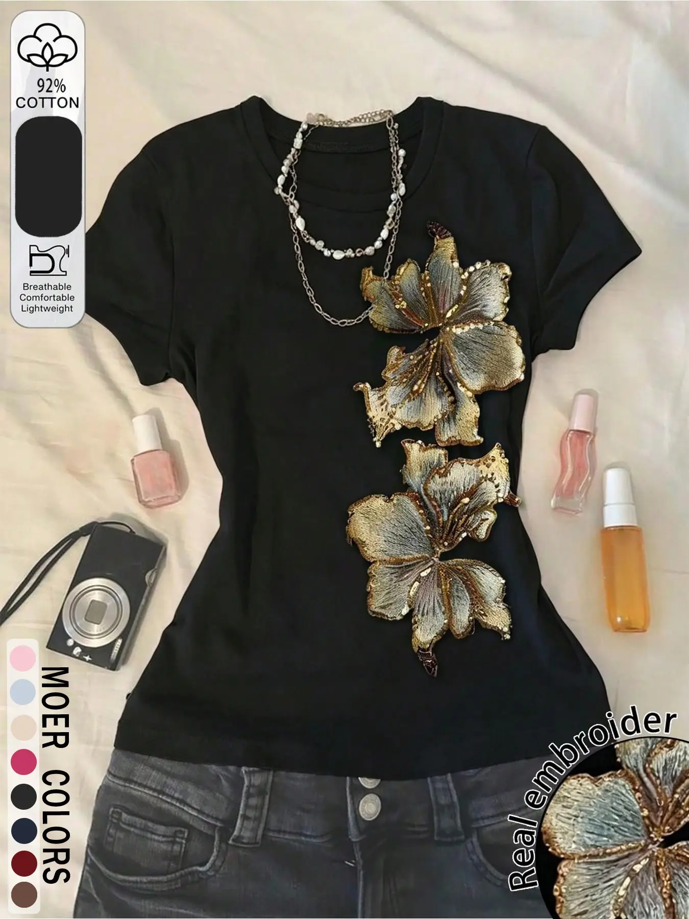 Women's Sequined Floral Graphic Round Neck Short Sleeve Casual Everyday Soft Cotton T-Shirt, Summer, Retro Style, Without Button, with Collar, Top