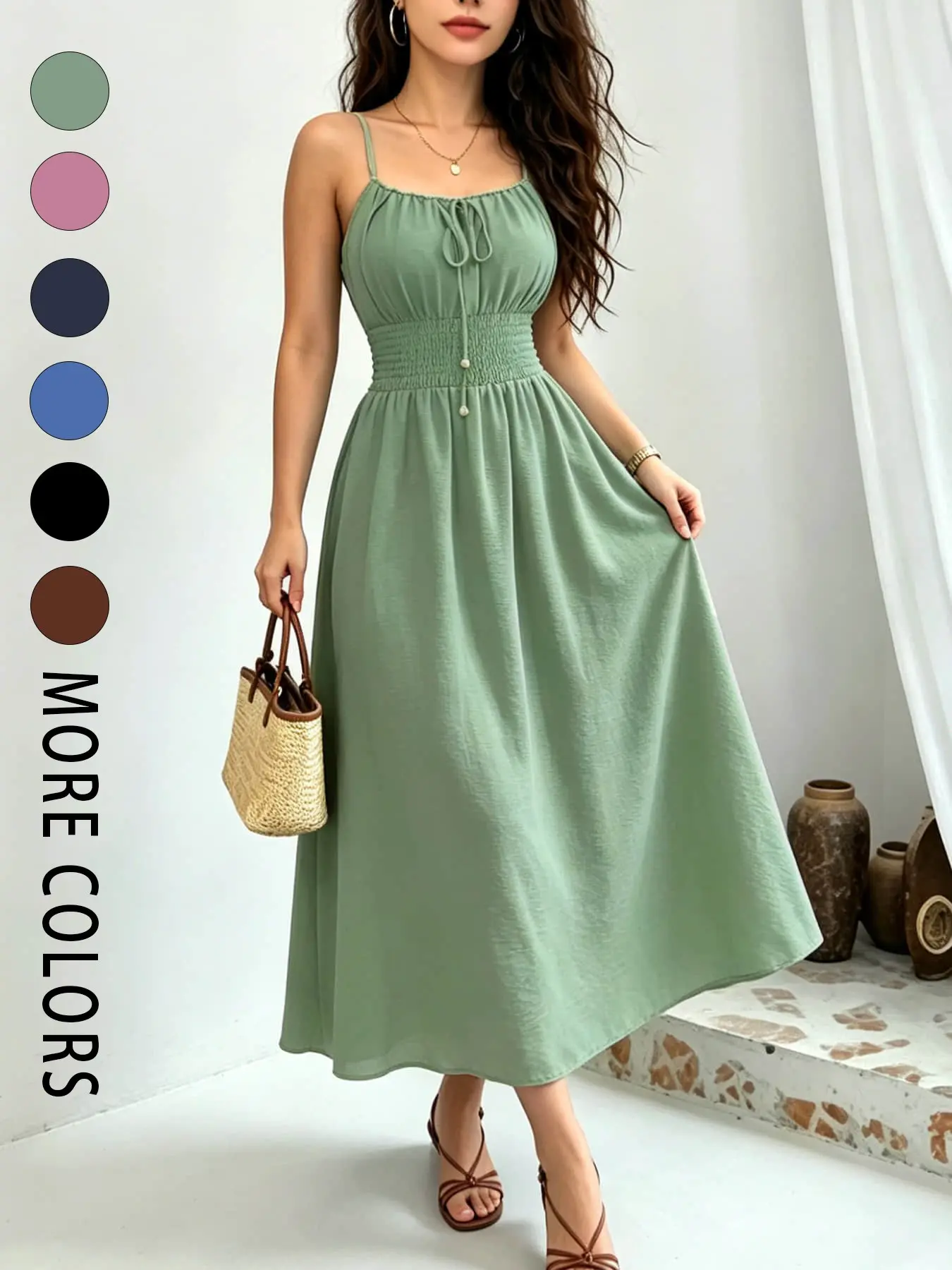 A women's fashionable and high-end French gentle style waist cinching spaghetti strap camisole dress with lace up bead design, suitable for summer, beach wear, dates, dinners, and travel.