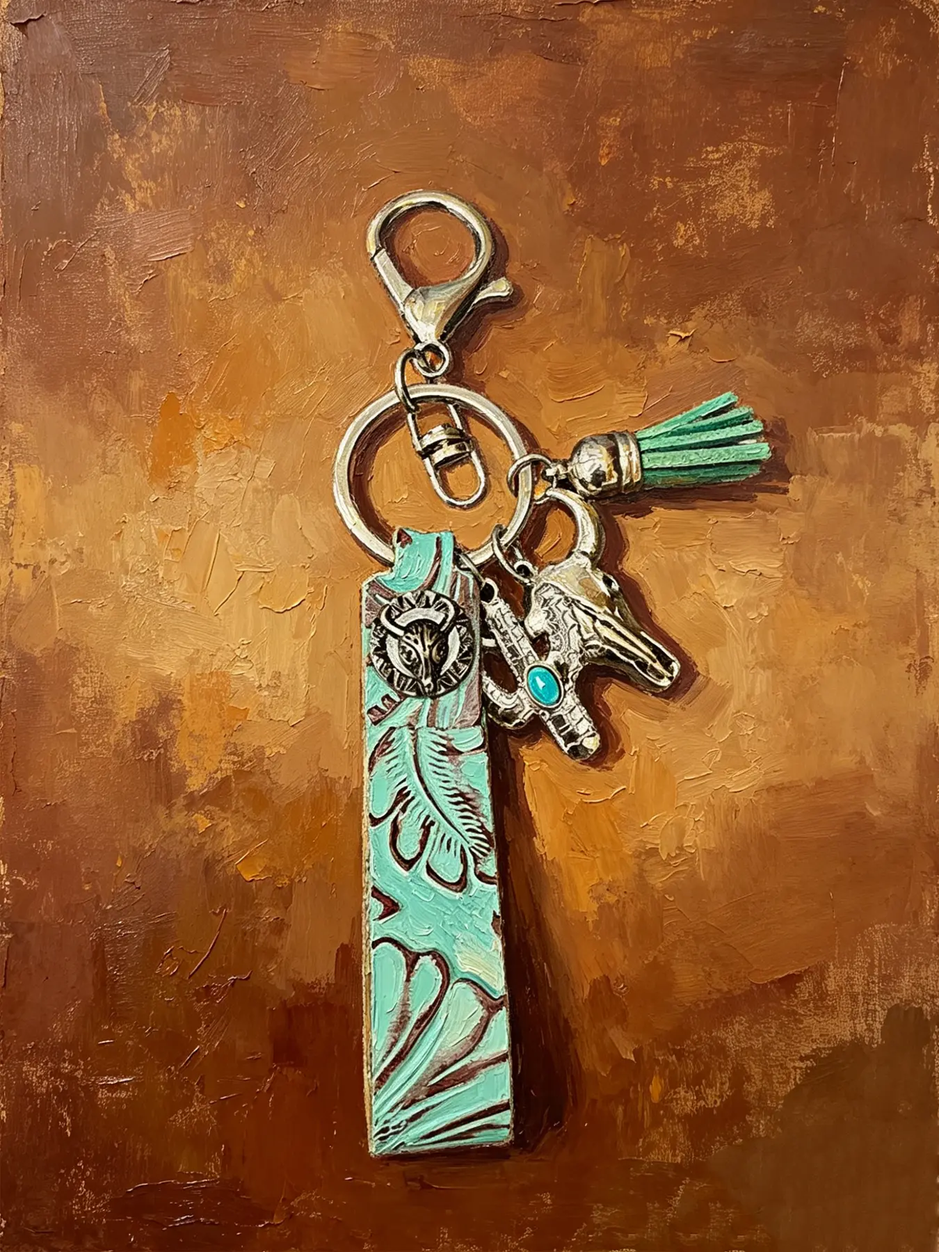 Vintage Western Embossed Leather Collectible Keychain, Key Holder, Turquoise Tooled Cowhide Strap with Bull Skull & Cactus Charms, Bohemian Cowboy Bag Accessory, Ideal Birthday & Holiday Gift for Cowboy Enthusiasts