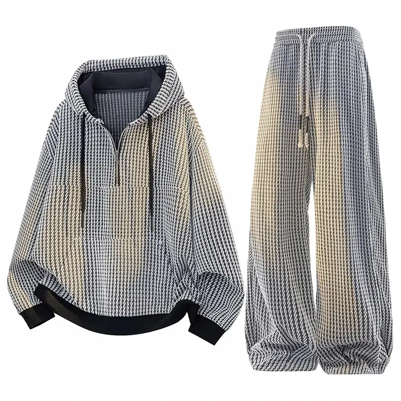 American-Style Textured Waffle Knit Half-Zip Hooded Sweatshirt And Wide-Leg Pants Casual Two-Piece Set For Men, Suitable For Commuting, Streetwear, And Home Wear, Versatile And Unique Unisex Outfit, Available In Couple'S Style