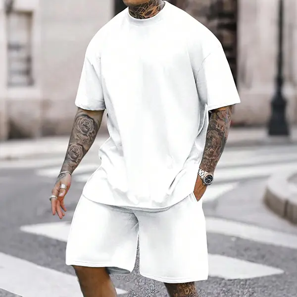 Men’s Solid White 2-Piece Summer Outfit, Oversized Short Sleeve Crew Neck Tee & Matching Drawstring Shorts, Soft Casual Co-ord Set for Minimalist Street Style Modern Mensfashion