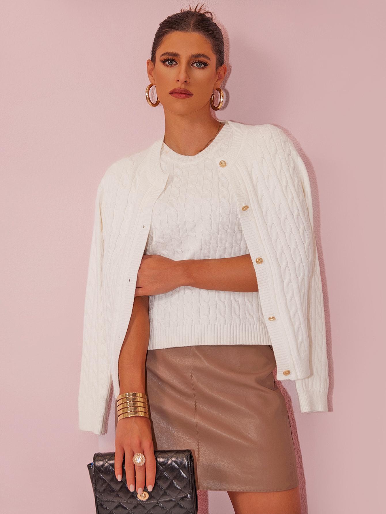 Joyfunear Women's Cable Knit Sweater Set: Crew Neck Pullover & Button - Up Cardigan