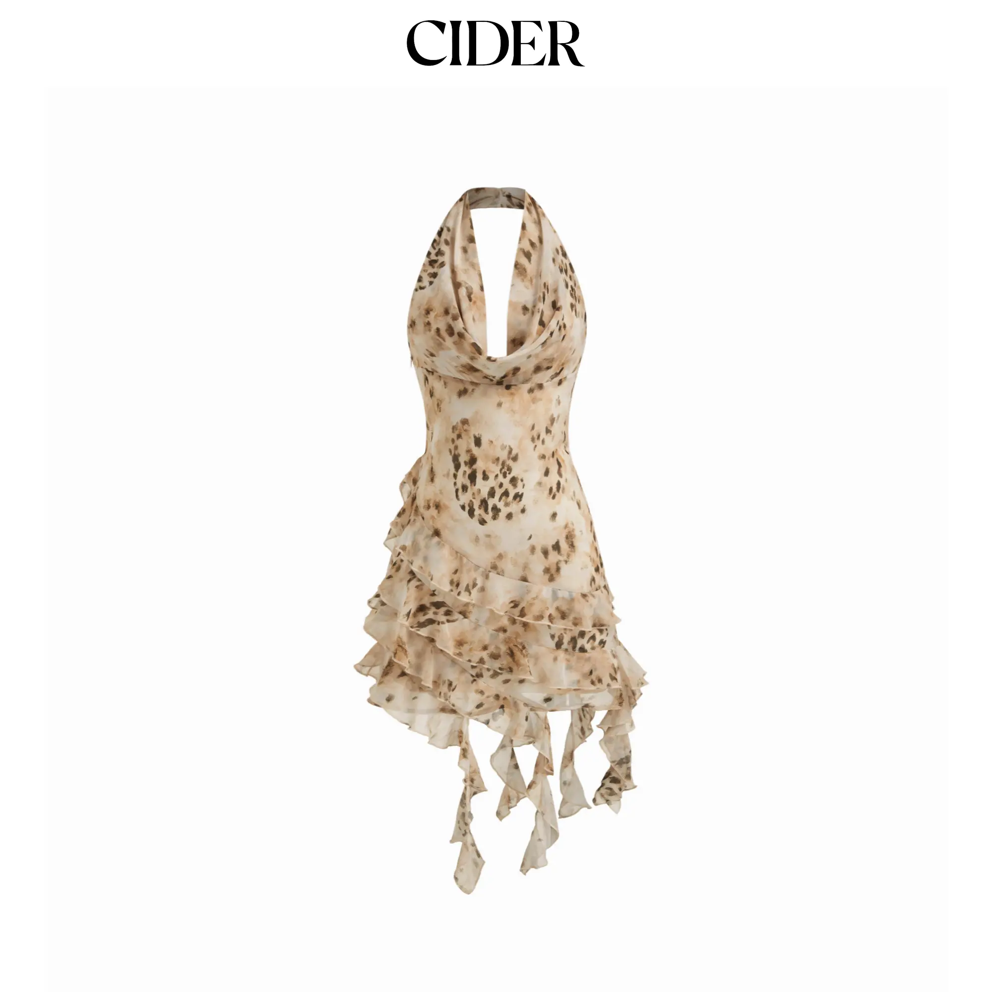 Cider Halter Neckline Leopard Layered Asymmetrical Ruffle Hem Mini Dress SummerFinds