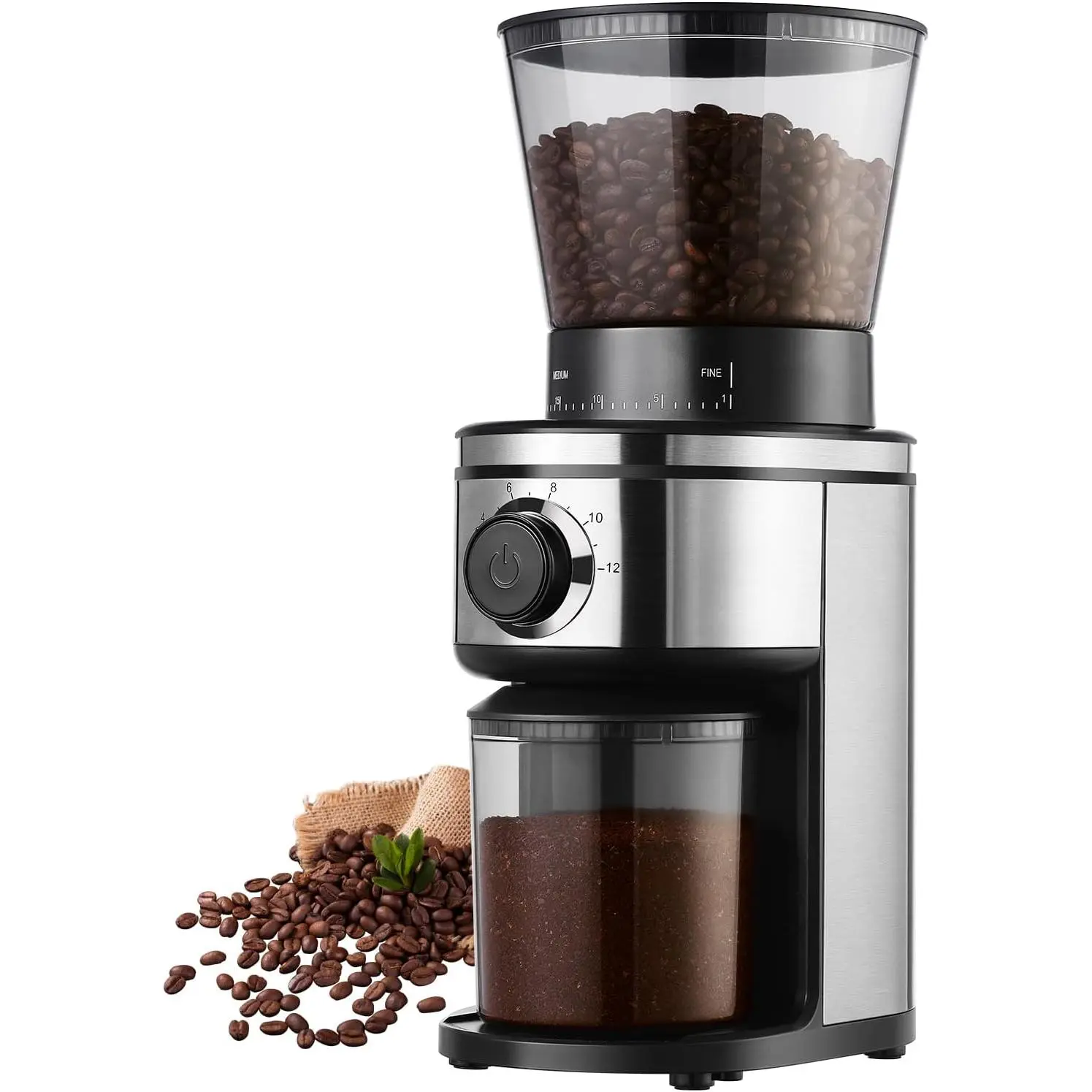 Burr Coffee , Electric Conical Coffee Bean  With 30 Adjustable  Settings For 2-12 Cups, Sliver & Black