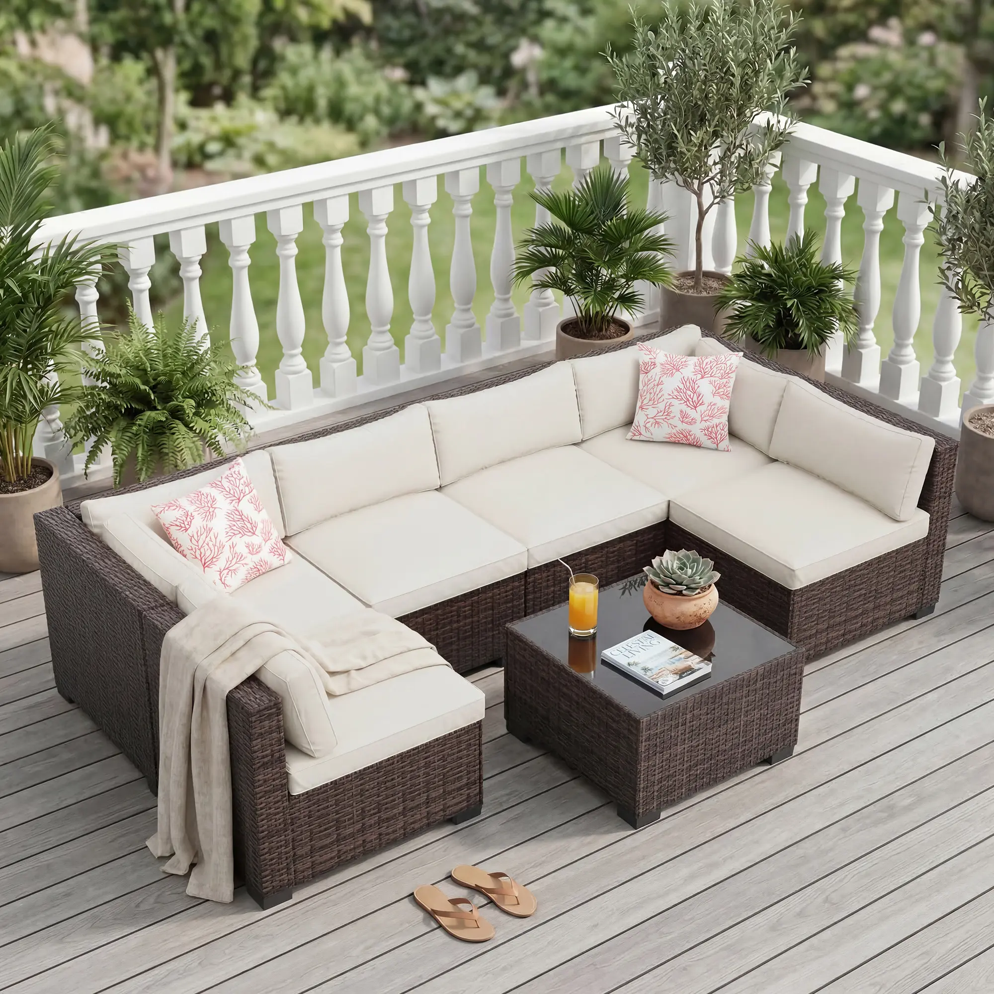 Garvee 7-Piece Modular Sectional Couch Outdoor Patio Set - All-Weather PE Rattan Wicker, Thick Washable Cushions, Tempered Glass Coffee Table, Blue Garden Furniture, Washable Cus