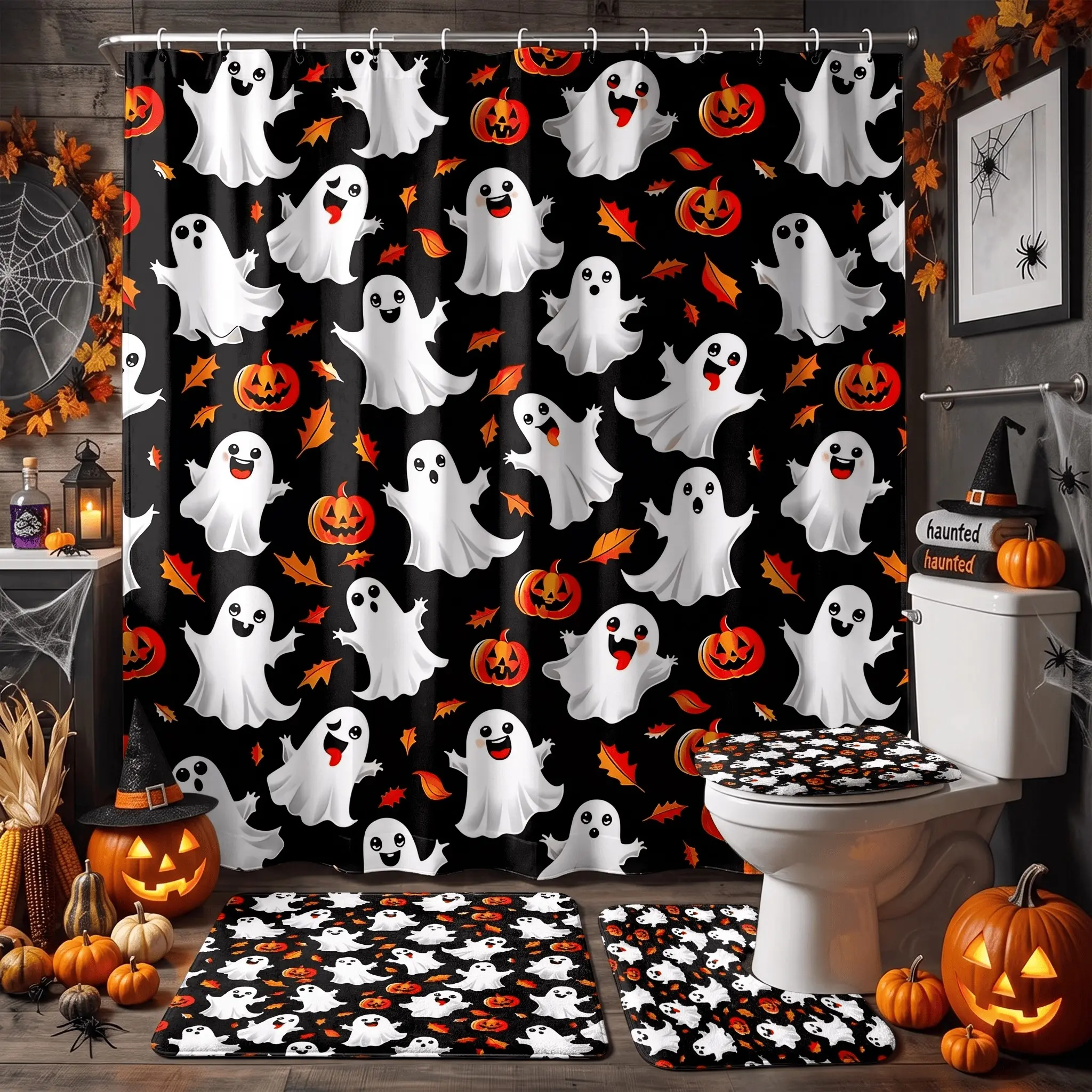 4pcs Halloween Bathroom Decor Set, Cute Ghost Pumpkin Print Shower Curtain, Spooky Season Bath Mat,The floor mat fabric is thicker and softer!  Toilet Lid Cover Set