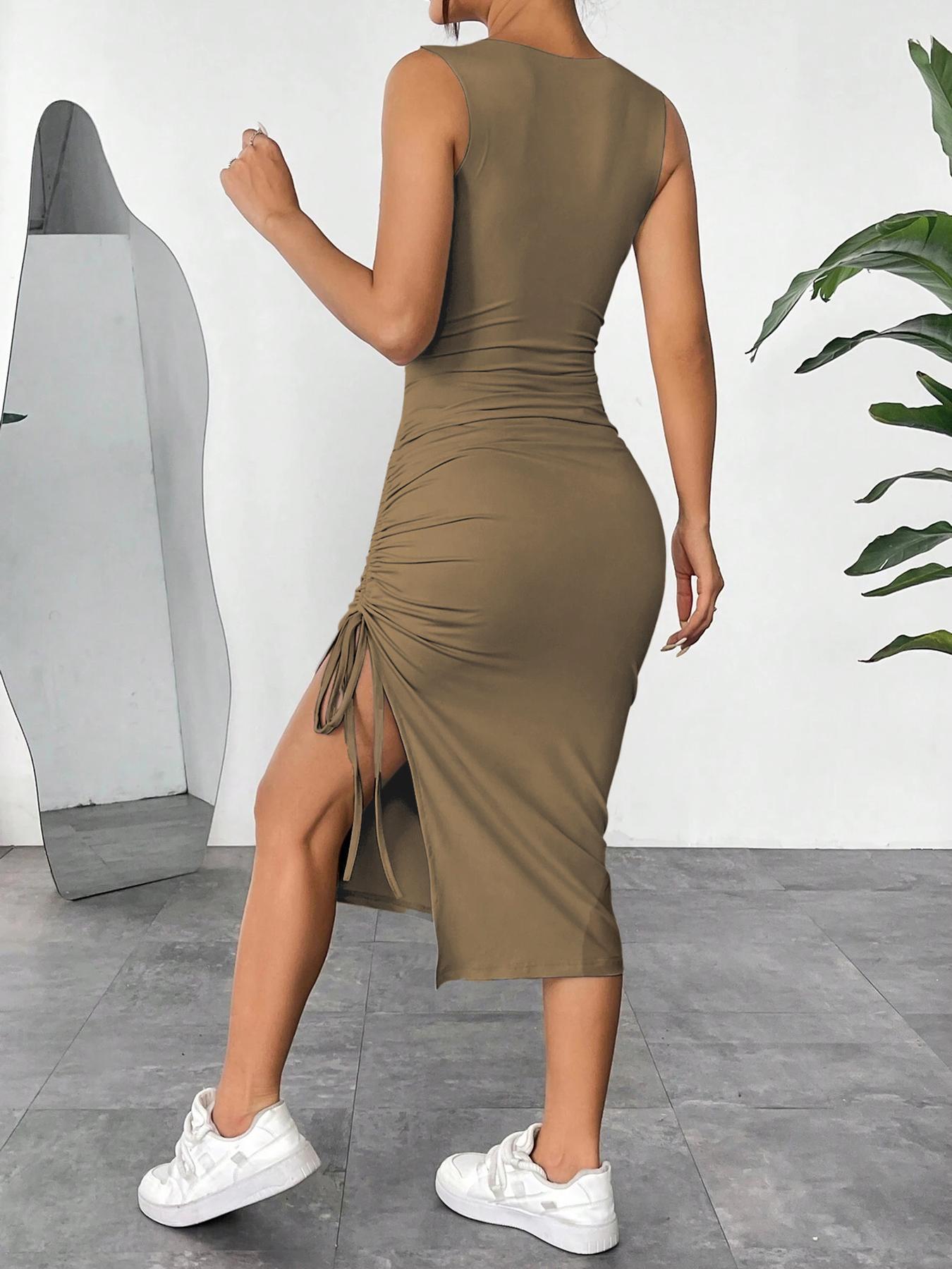 Women's Drawstring Ruched Split Thigh Tank Dress, Solid Sleeveless Round Neck Bodycon Dress, Sundress, Dresses for Women, Ladies Clothes for Summer, Womenswear