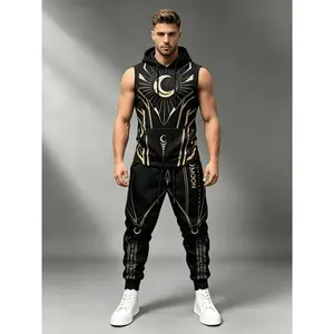 New Men's White Gold Moon Symbol 2-piece Set, Sleeveless Hoodie, Sweatpants Set, Luxury Street Style, Sportswear, Summer Casual Sportswear mens outfit wear fitness