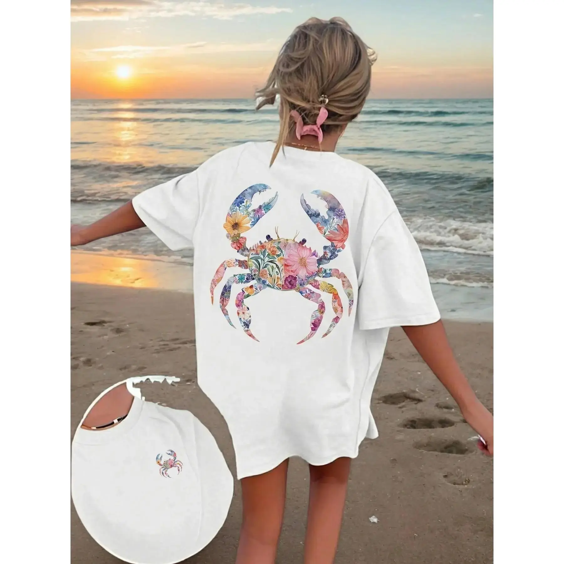 Trending Y2K Cute Crab Graphic Oversized Comfort T-Shirt for Women, Vintage Aesthetic Summer Tops, Comfy Breathable Short Sleeve Tee, Casual Streetwear for Beach Vacation Daily Outfit, Floral Print Holiday Swim Cover Up, Style, Vibe