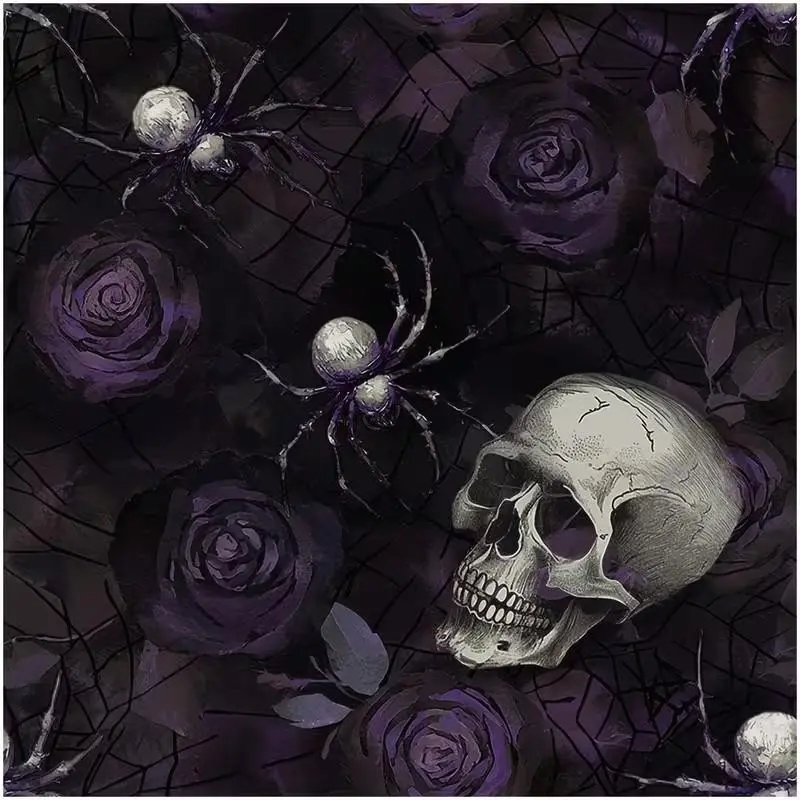 Halloween Gothic Skeleton Purple Rose Spider Web Wall Mural, Moody Dark Floral Skull Print Peel And Stick Wallpaper For Room Decoration