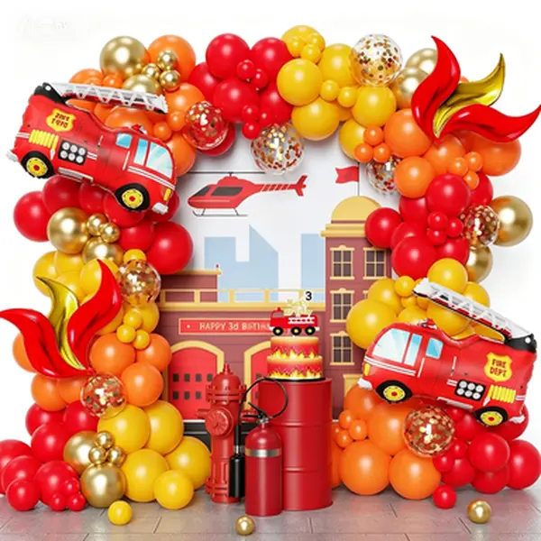 Red Chrome Gold Balloon Arch Kit, 144 Pcs Fire Truck Foil Balloons, Fireman Party Supplies, Firefighter Rescue Themed Decor, Fire Department Birthday Decoration, Red Yellow Metallic Latex Balloons