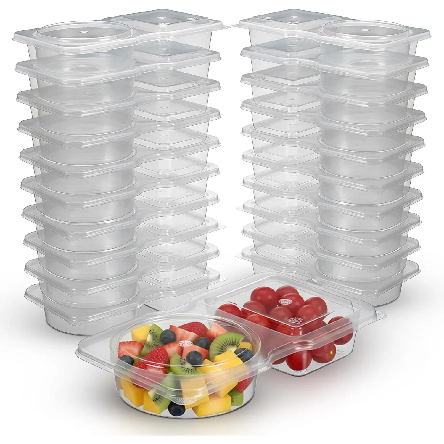 Reusable Snack Containers with Lids 30 Pack – 2 Compartment Portion Control Food Storage Boxes, Leakproof Snack Tray, Stackable Containers for Travel, Office & Home (30)