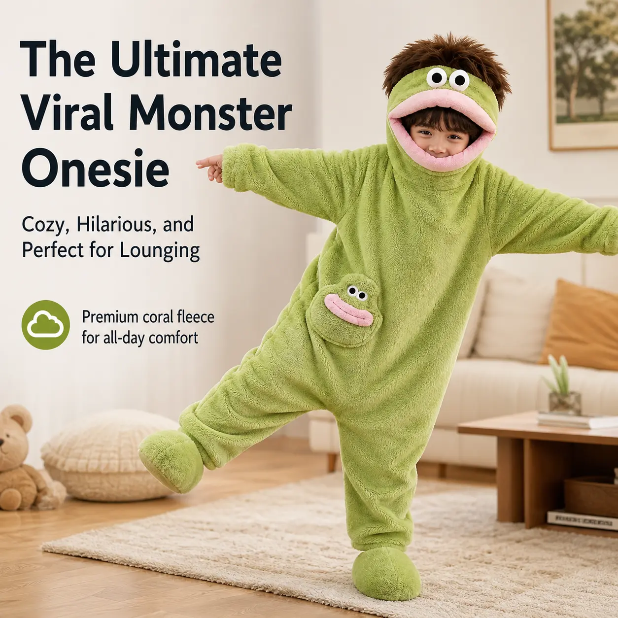 Kids Funny Big Mouth Monster Onesie Pajamas Coral Fleece Full Body Cartoon Cosplay Jumpsuit With Footed Pocket Warm Loungewear For Teen Girls 3 Colors Green Blue White, Footed Pants