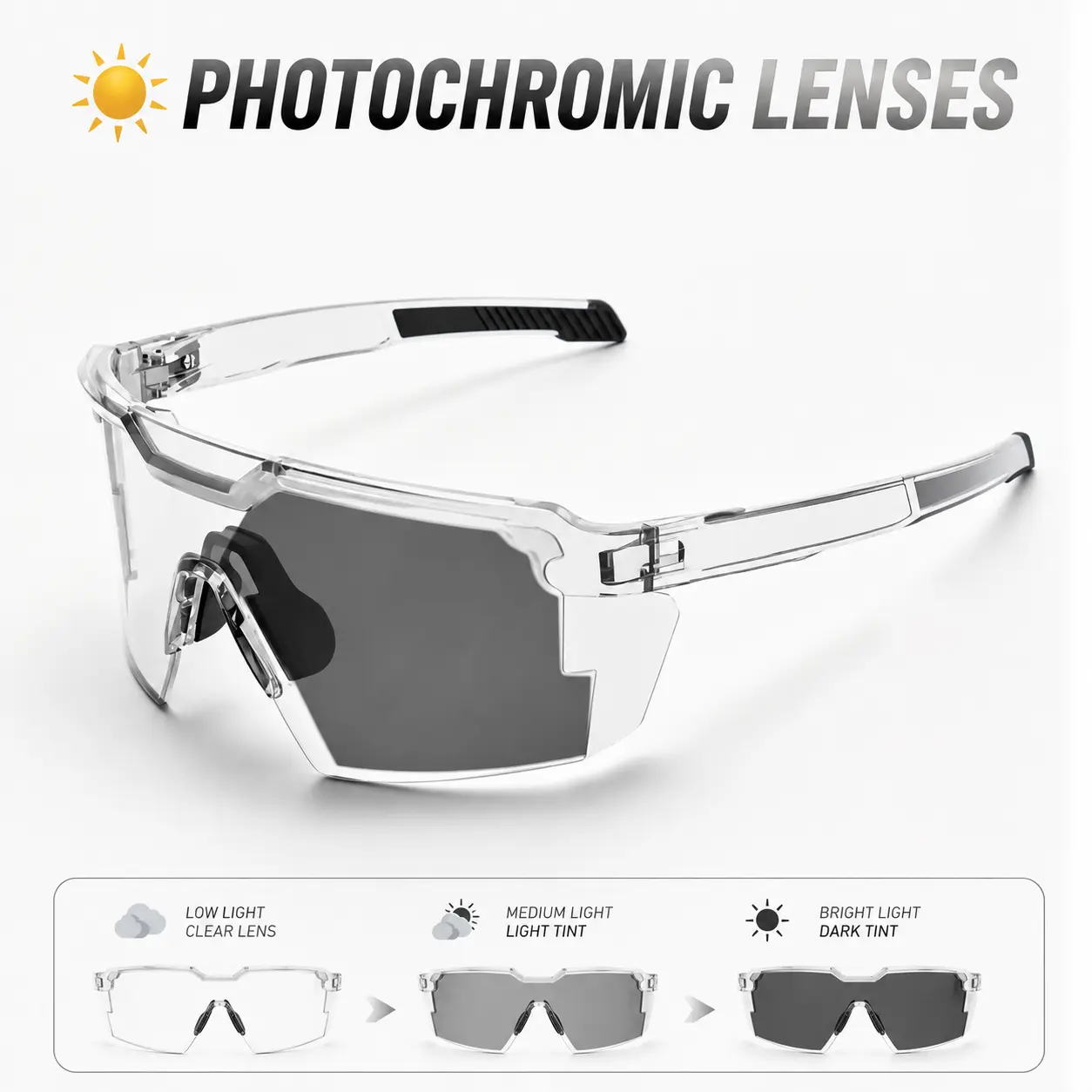 Transparent Lightweight Frame with Photochromic Lenses, Windproof Sports Glasses, UV400 Protection for Outdoor Cycling, Running and Active Lifestyle