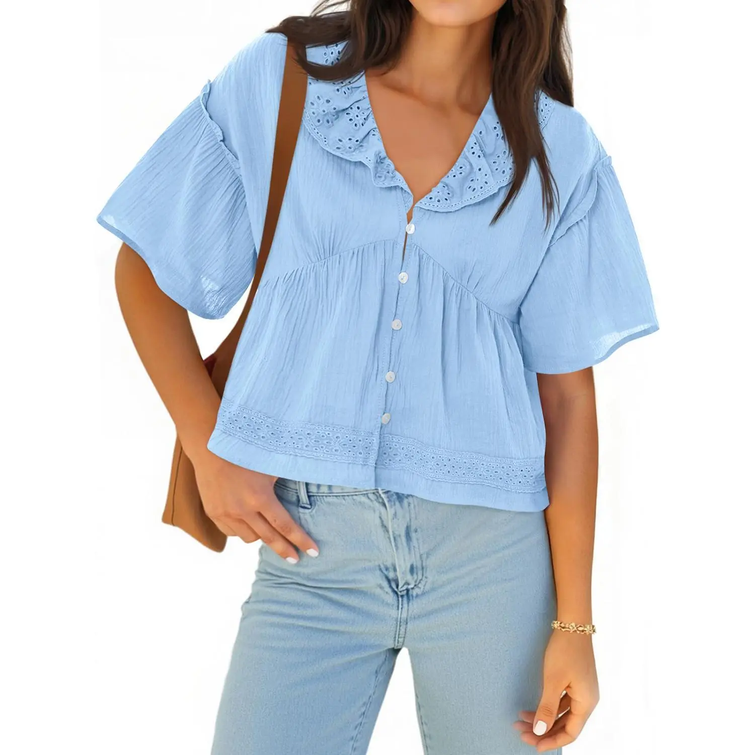 Imily Bela Womens Cropped Babydoll Tops Summer Eyelet V Neck Short Sleeve Cute Blouses Ruffle Shirts