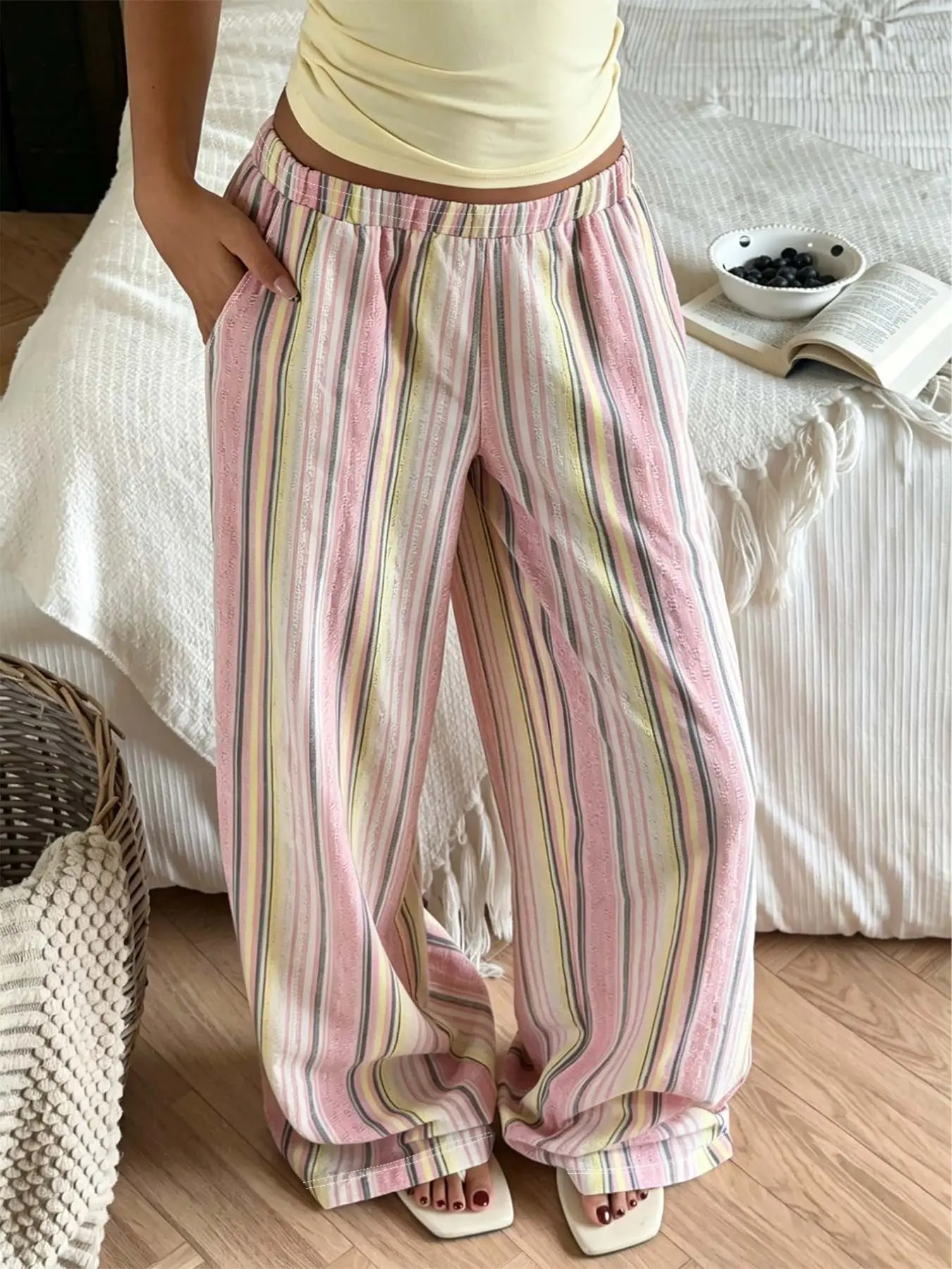 Womens Elastic Waist Wide Leg Pants Pink Yellow Stripe Textured Side Pockets Loose Flowy Fit Sweet Casual Resort Aesthetic Loungewear Lazy Weekend Brunch Outing Beach Getaway Home Relaxing Spring Summer Fashion Apparel