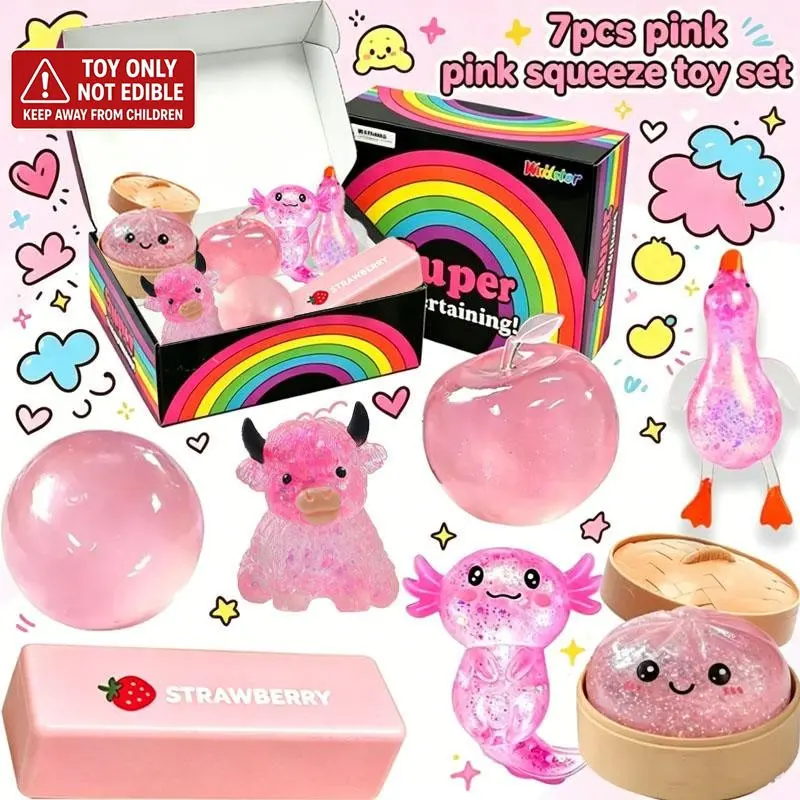 7 Pack Pink Series Glitter Squeeze Stress Relief Toys, Sparkly Squishies, Soft Portable Sensory Fidget Balls, Apple, Round Ball, Calf, Butter Stick, Steamed Bun, Salamander & Duck Design Anxiety Relief Toys, Ideal Birthday & Party Gifts for Kids & Adults