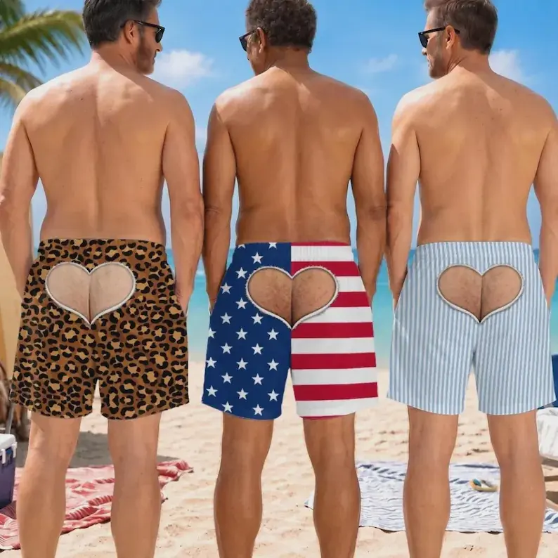 Personalized Lightweight Beach Trunks for Male, Funny Print American Flag Swimming Shorts, Printed Trunks for Camping Trips, Custom Birthday Gift for Men #FunnySwimShorts#CampingBeachShorts