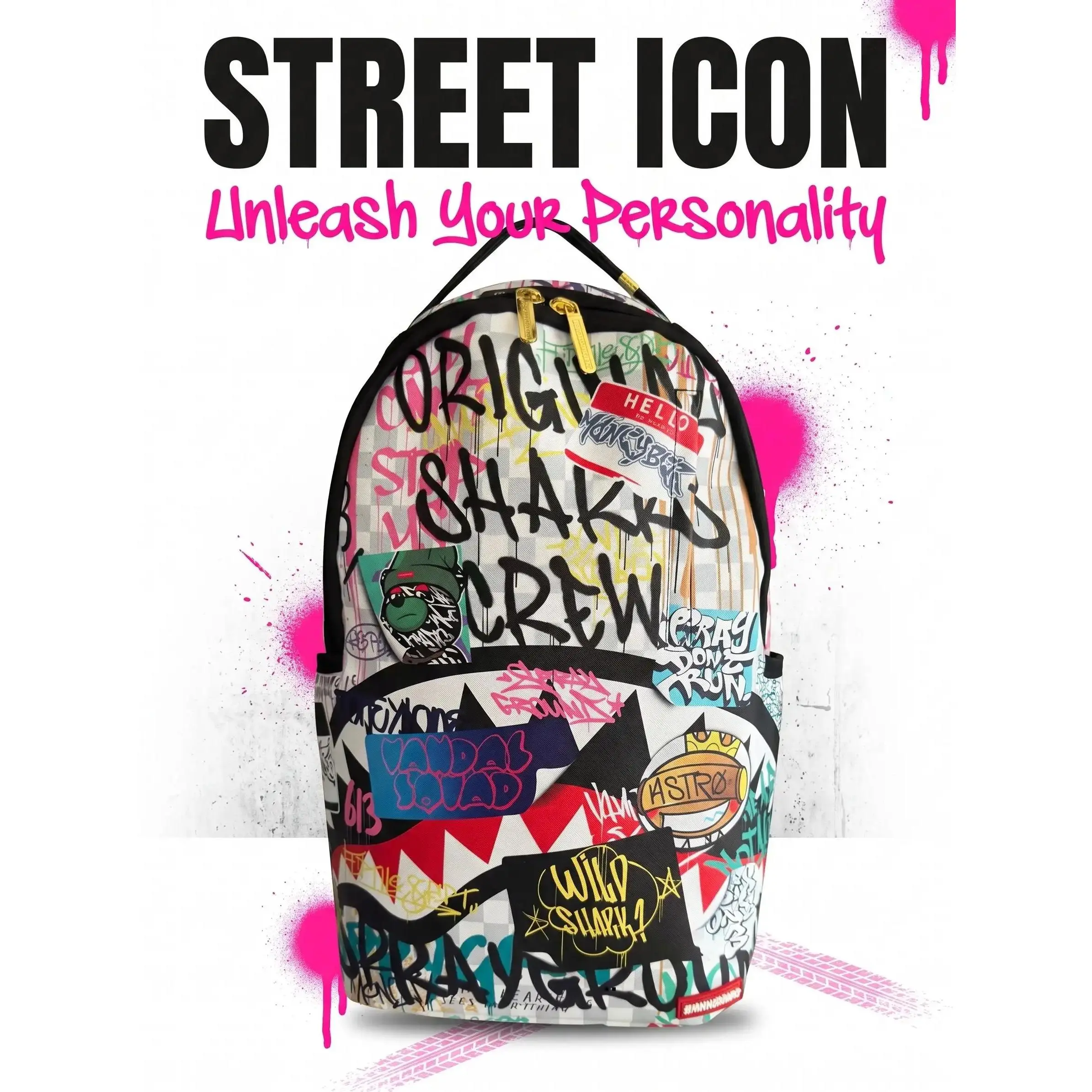 SG Graffiti Sticker Bomb Shark-Mouth Backpack - Streetwear Water-Resistant Large Capacity Daypack, Men's Laptop Backpack for School & Travel Use