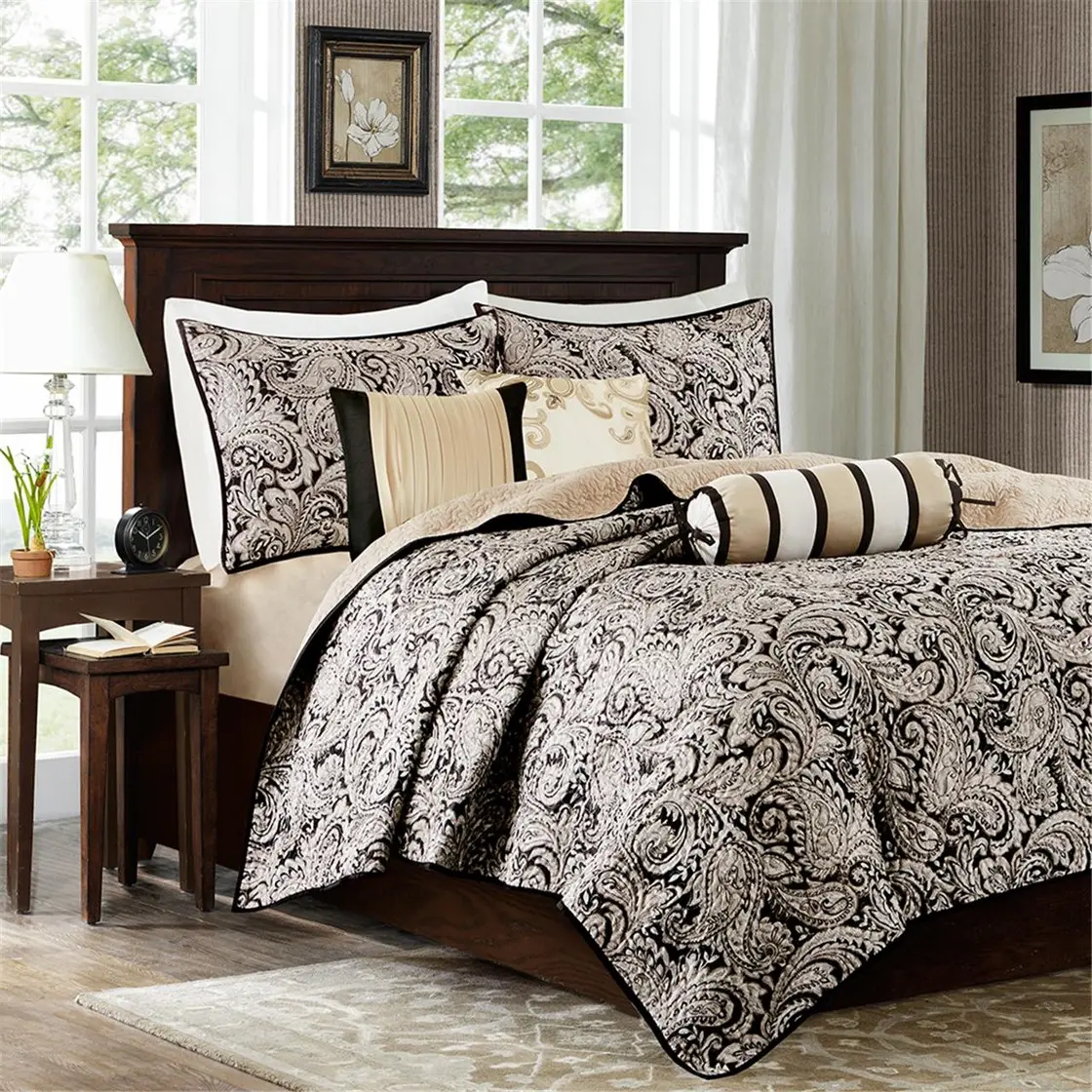 6-Piece Jacquard Fabric Quilt Set - King-Cal King Size, Soft Lightweight Quilted Bedspread, Shams, Throw Pillow Covers for Master Bedrooms, Home Supplies Bedding