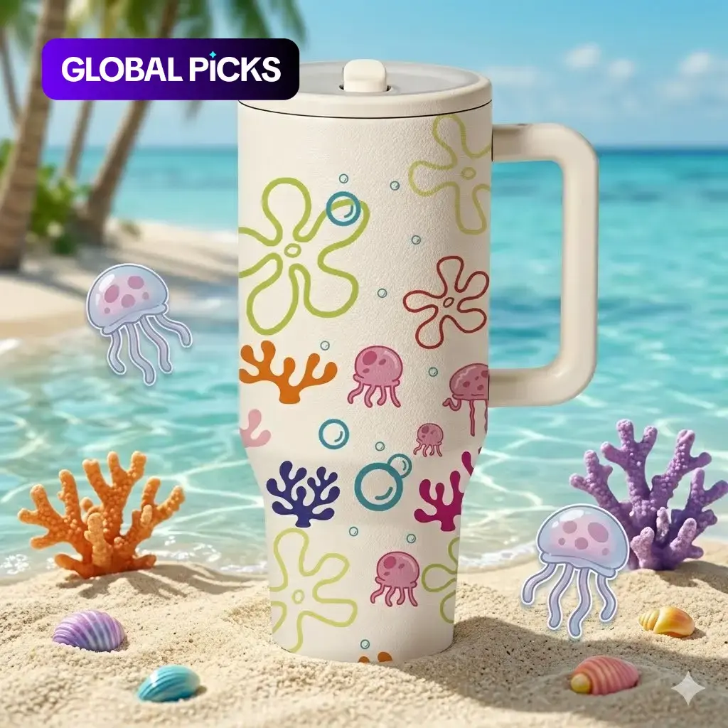 1PC 40oz Insulated Mug, Bikini Bottom Inspired Thermal Cup, Vacuum Insulated Tumbler, Ocean Jellyfish Coral Print, Double Wall, Leak-Proof, Handle & Straw Lid, 12H Hot/24H Cold Retention, Large Capacity Travel Tumbler, Gift for Women & Men #GLOBAL PICKS