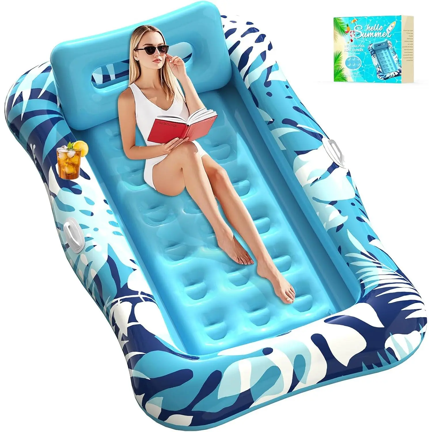 Inflatable Pool Float for Adults XL 76"x48" Tanning Lounger Float with Pillow 4-in-1 Sunbathing Raft Water Filled Pool Mattress Floatie for Lake River Party Floating Bed for Relaxation
