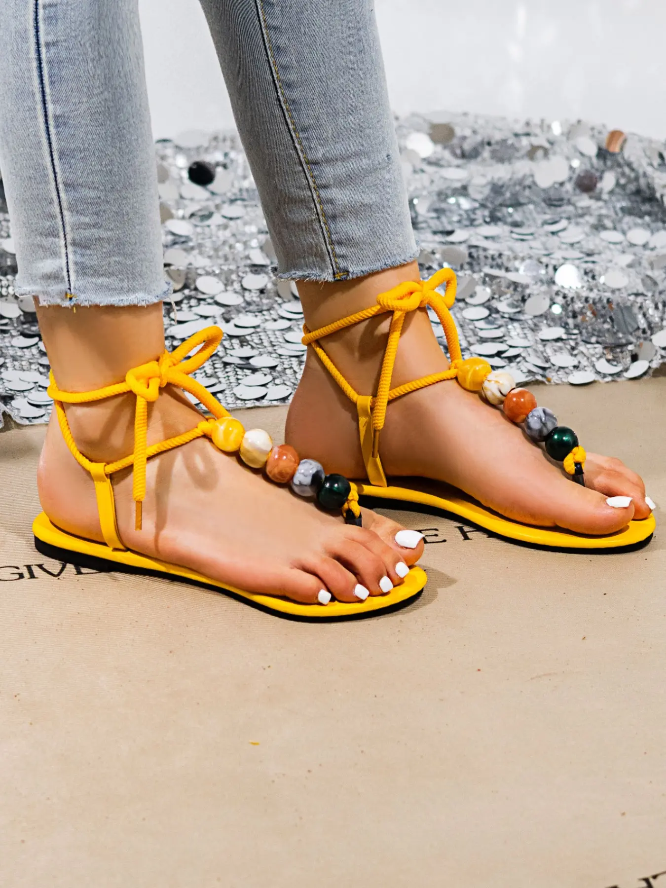 Women Marble Beads Ankle Tie Flat Sandals, Boho Thong Flip Flops, Summer Beach Shoes, Comfortable and Stylish Footwear for Women, Beaded Sandals, Fashionable Comfy Sandals