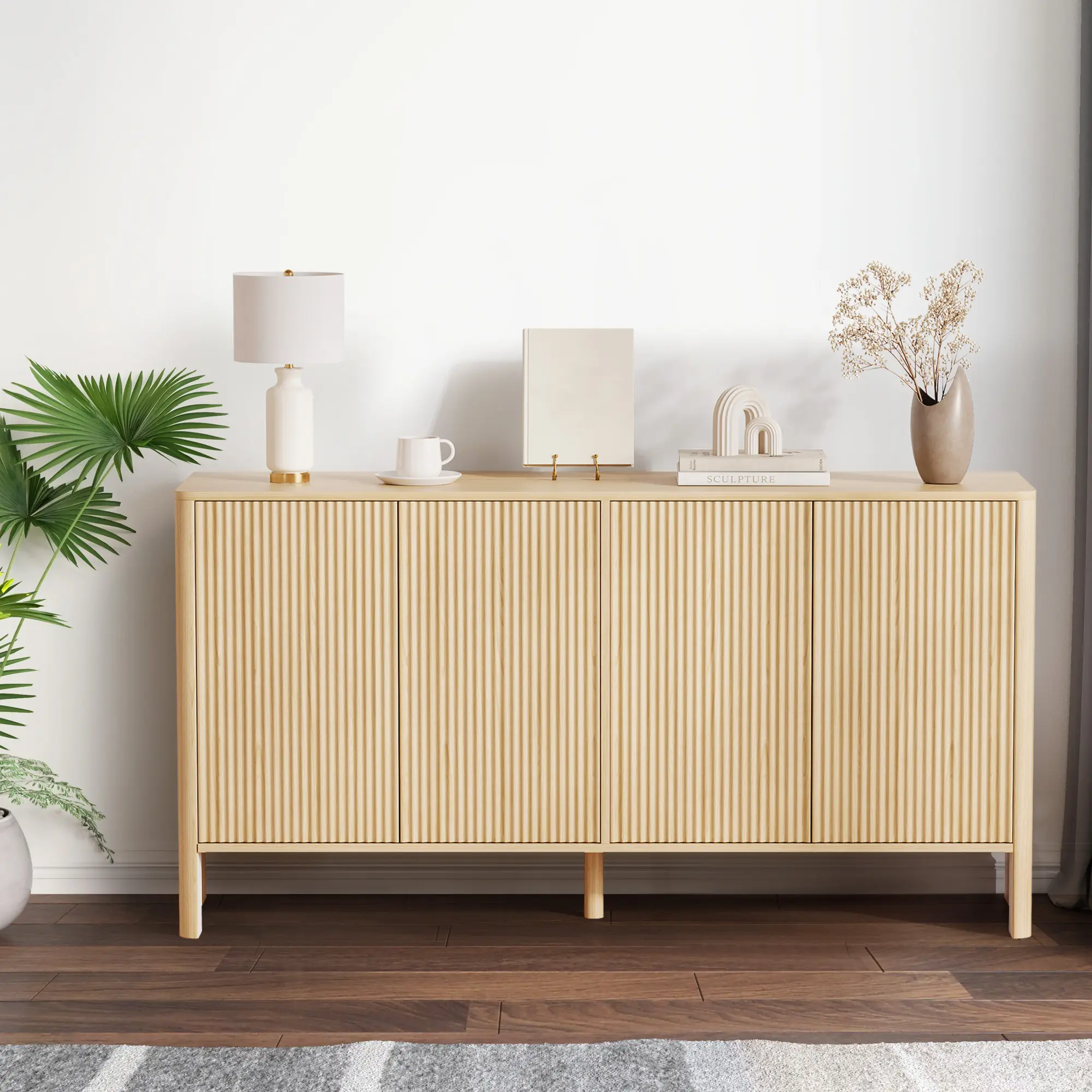 Curved Design 58" Farmhouse Buffet Cabinet – Fluted Sideboard with Storage, Modern Wood Coffee Bar Console Table for Dining Room, Living Room, or Entryway