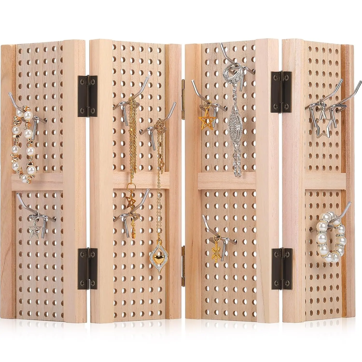 Pegboard Display Stand with 20 Peg Hooks for Retail Craft Shows 4 Panel Wooden Pegboard Display Stand Earring   Display Racks Vendors Events Selling Store Supplies