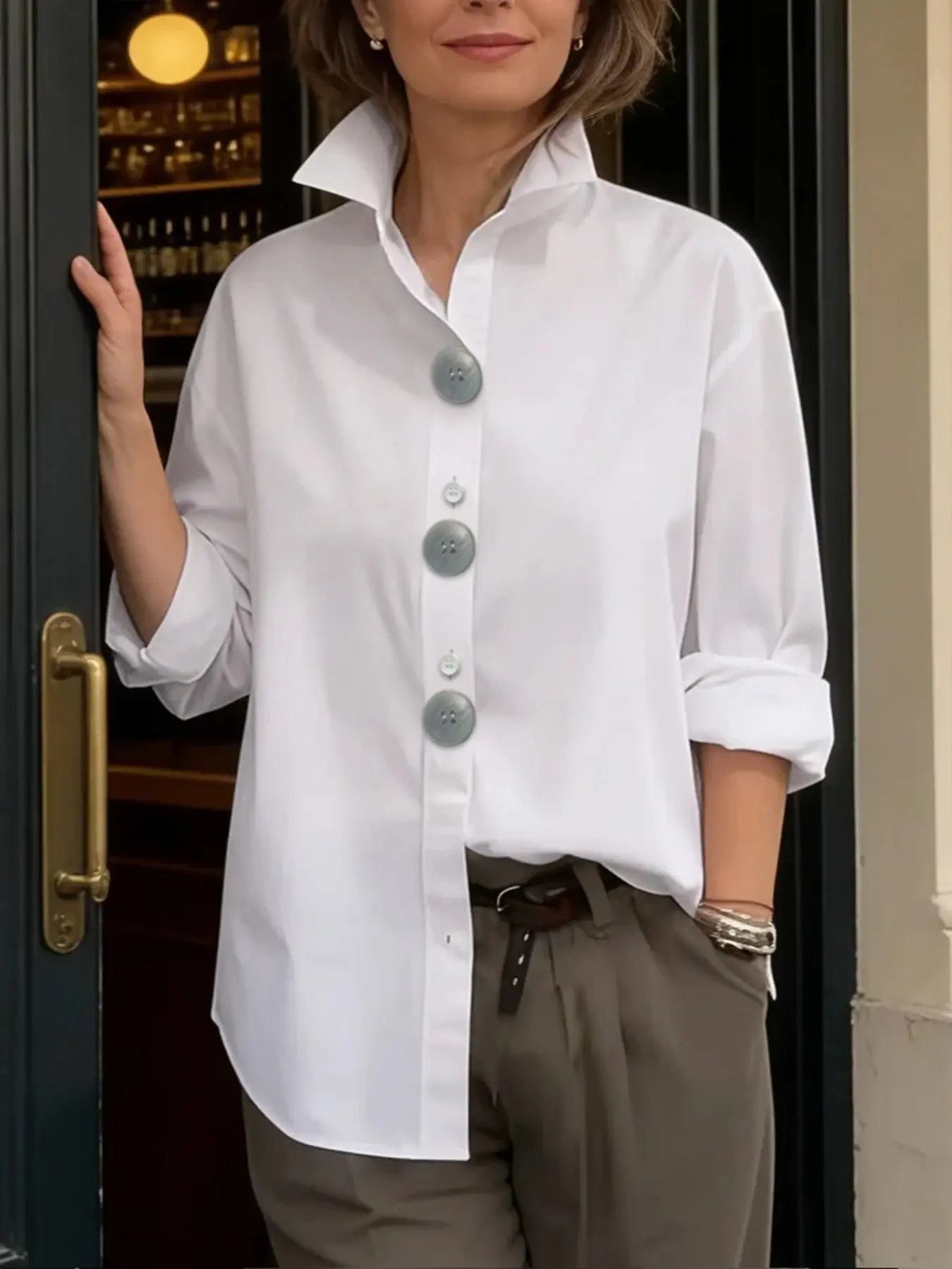 Women's Fashion Elegant Commuter Loose Fit Long Sleeve Shirt Blouses, Large Button Decoration, Solid Color Notch Lapel, Casual Office Wear Top