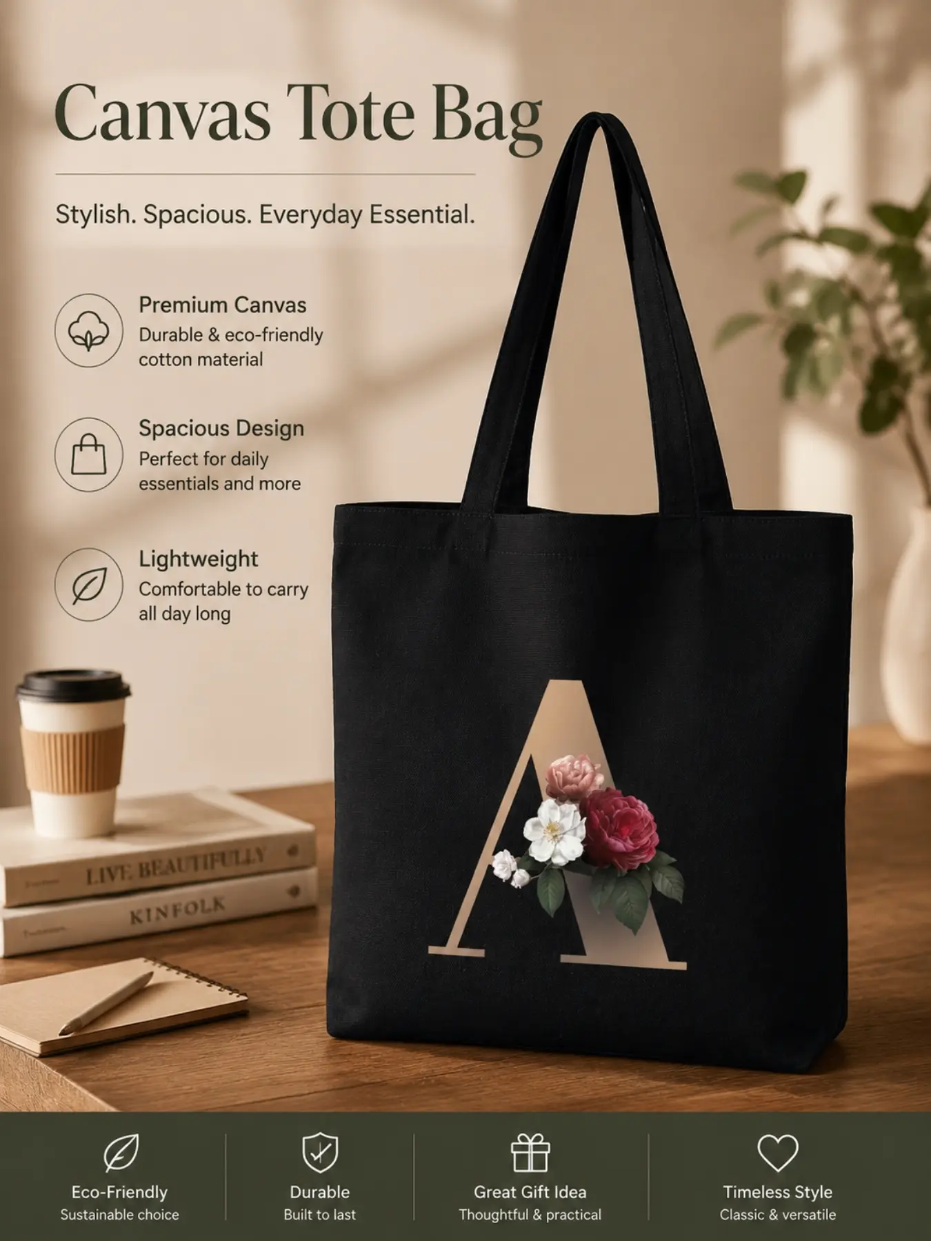 Floral Letter A Canvas Tote Bag for Women Aesthetic Vintage Reusable Grocery Shopping Bag Personalized Initial Black Shoulder Bag Eco-Friendly Handbag Birthday Bridesmaid Gift Large Capacity Heavy Duty Everyday Commute Minimalist Aesthetic Tote