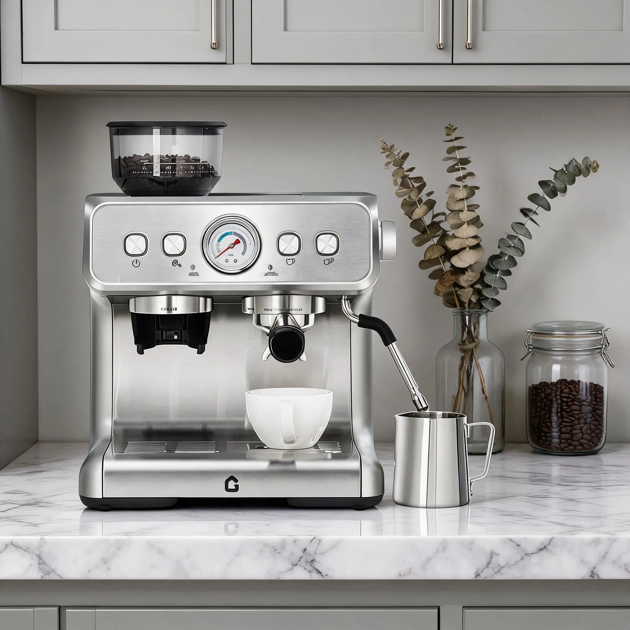 Espresso Machine with Built-in Grinder, 20 Bar Semi Automatic Coffee Maker, Stainless Steel, 58mm Portafilter, Milk Frother Steam Wand for Latte Cappuccino, 2.8L Water Tank, Home Coffee Machine