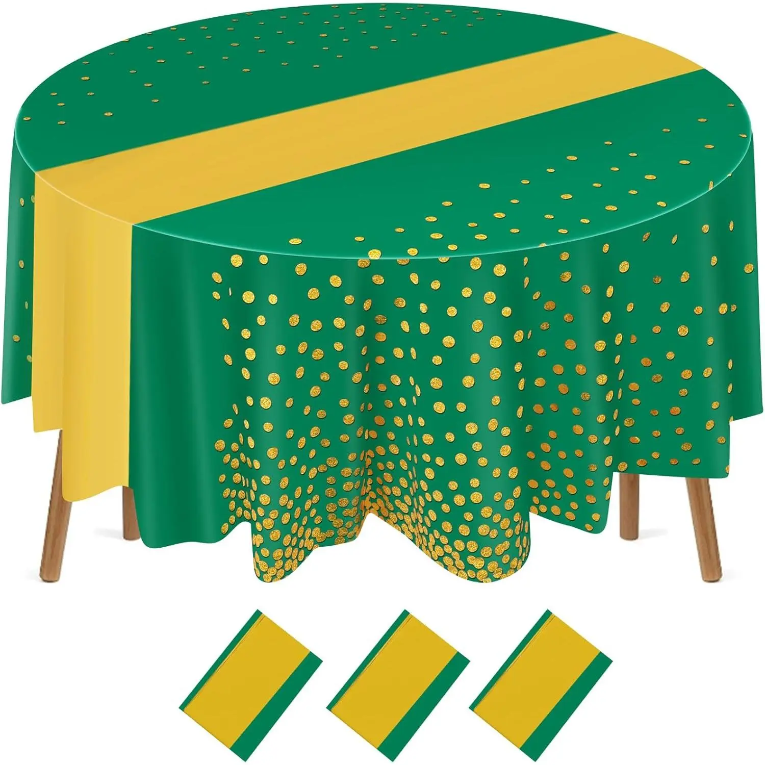 84 Inch Polka Dot Round Disposable Tablecloths Plastic Tablecover Plastic Tablecloth with Runner Printed for Prom Graduation Wedding Spring Birthday Party(Green, ,3 Pcs)