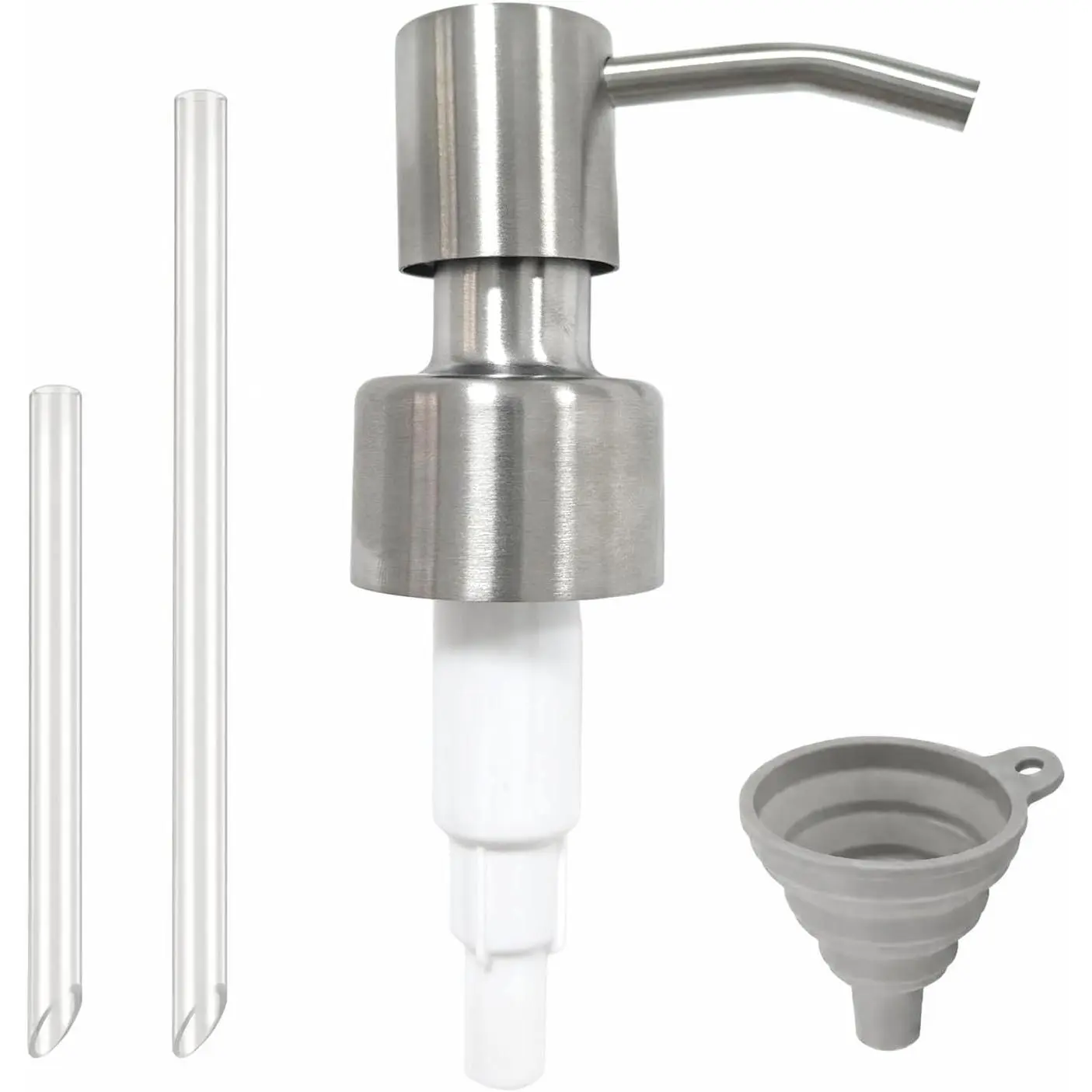 304 Stainless Steel Hand Soap Dispenser Pump (28/400, 1pcs), Rust-Resistant Metal Cleaner Accessory for Bathroom Bottles, with 2 Trim-to-Fit Tubes and Foldable Funnel