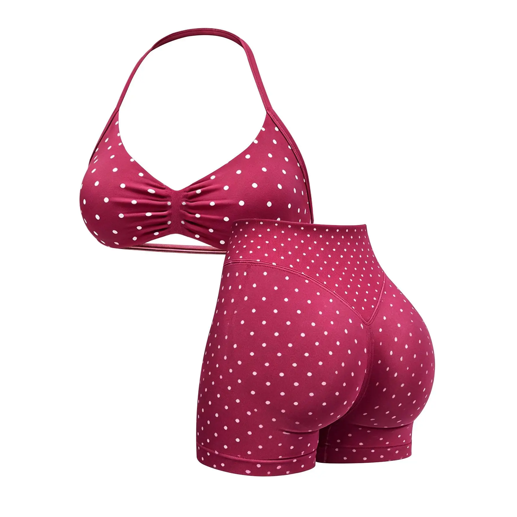 Women's 2-Piece Polka Dot Sports Set - Cute Halter Top & Shorts, Gym Workout Activewear for Fitness Enthusiasts (Summer Use), 2 Piece Sets, Workout Sets Women