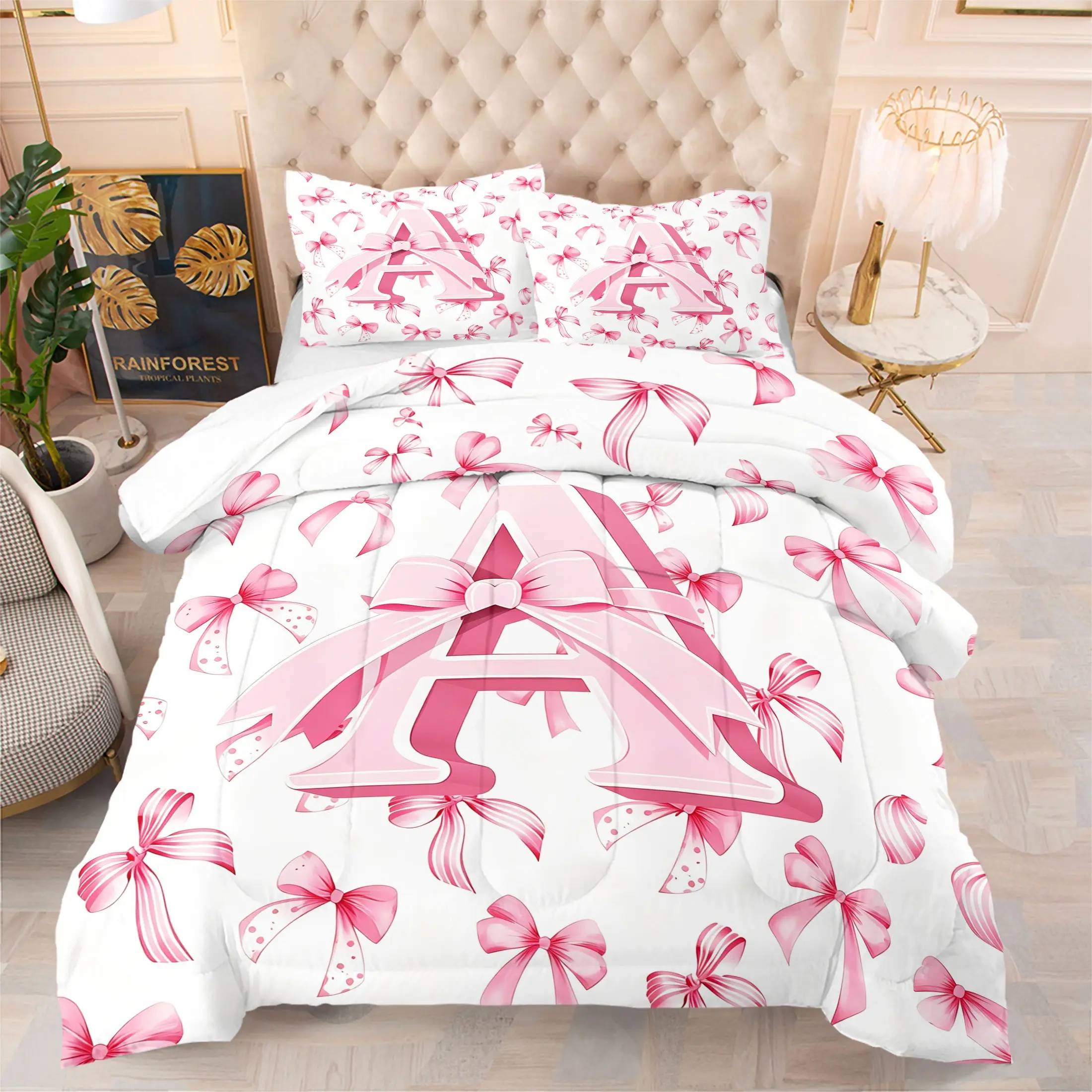 Initial Letter A Comforter Set Pink Bow Girls Twin Bedding Set Kawaii Girly Bowknot Bedding Comforter Sets Princess Style Romantic Bow Bed Set for Kids Teen Women (Includes 1 Comforter and 1-2 Pillowcases)