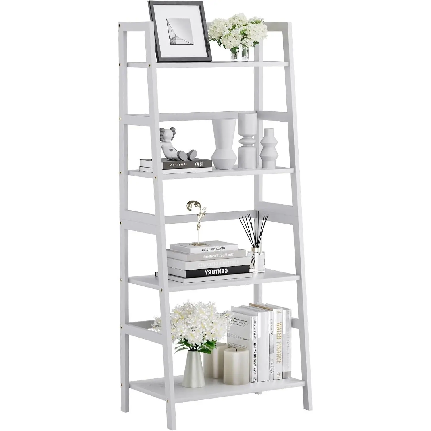 Minimalist 4-Tier Bamboo Frame Ladder Shelf, White Floor-Standing Open Display Bookcase for Home Office, Bathroom Storage Rack