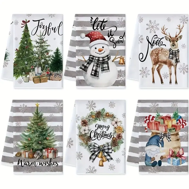 6-Pack Christmas Theme Kitchen Towels, 40x60cm Thick Polyester Absorbent Quick-Dry Cloths, Soft Non-Shedding Washable, Holiday Table Decor