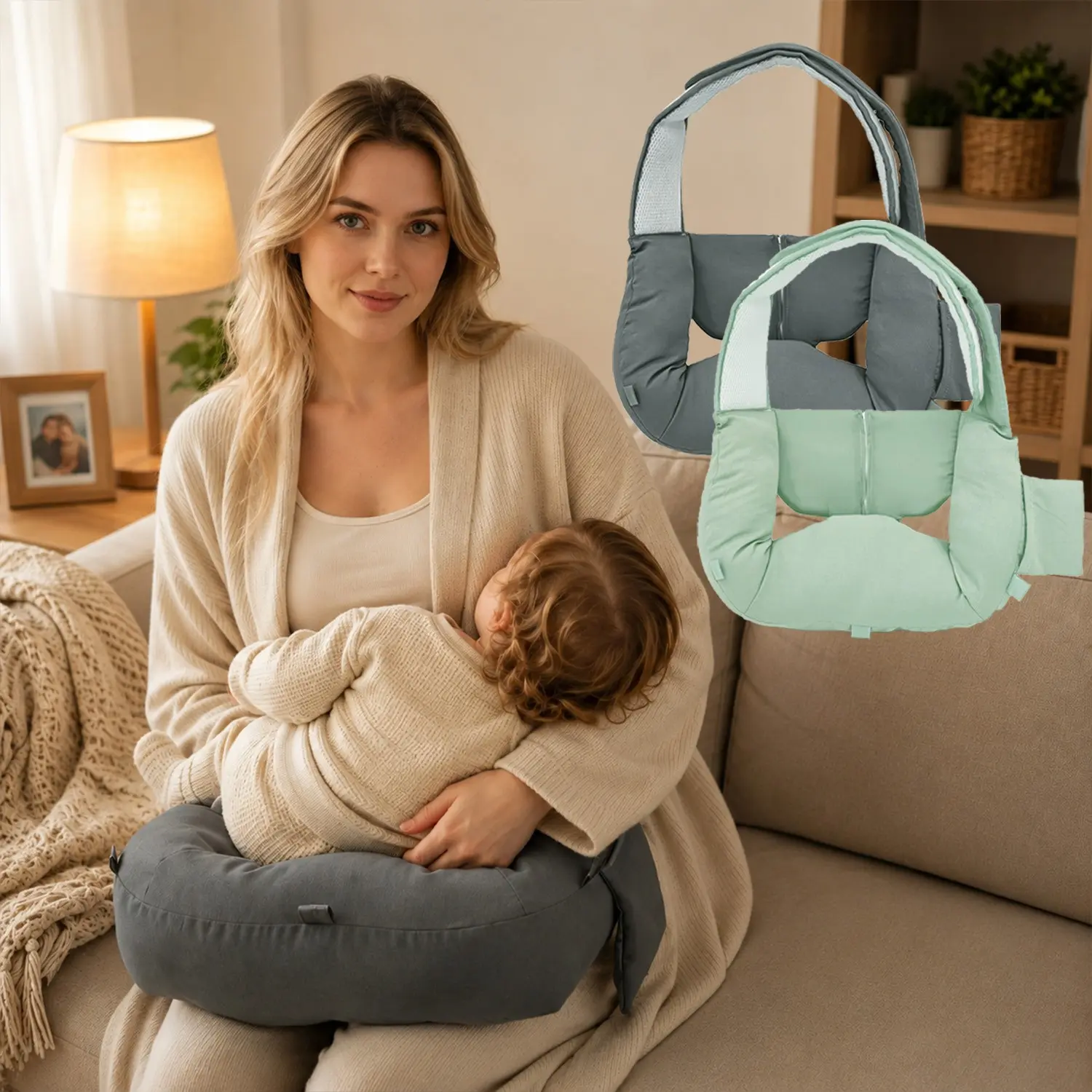 Baby Nursing Pillow, Comfortable Breastfeeding Back Support, Soft Feeding Cushion with Storage Pocket, All-Season Use