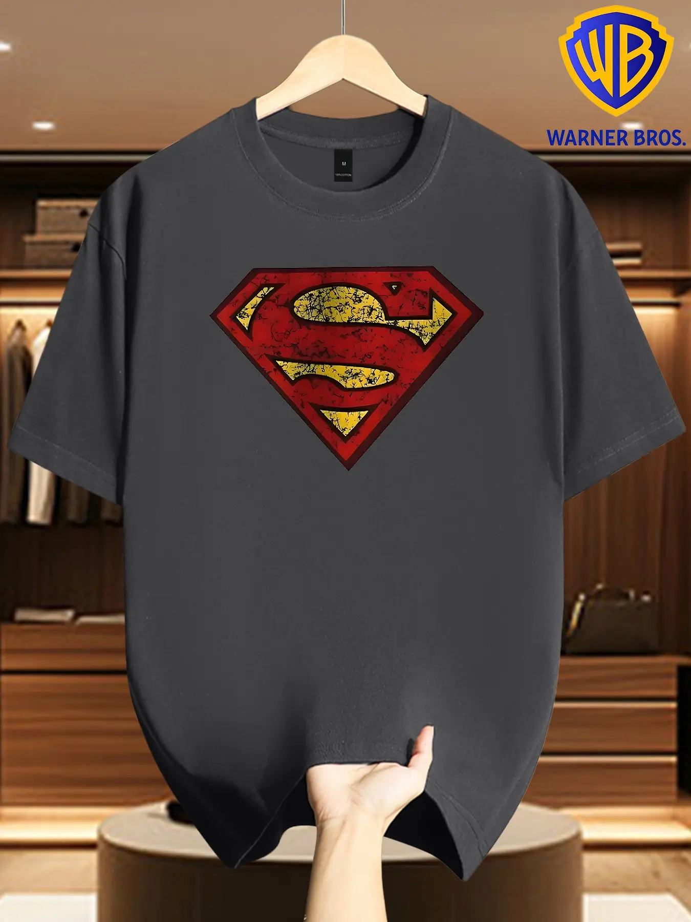 Warner Bros Men's Vintage Superman Logo T-Shirt, Classic Superhero Symbol Print, Casual Loose-Fit Long Sleeve Streetwear Top
