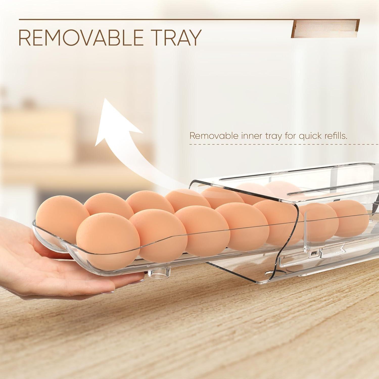 Egg Holder for Fridge, Automatic Rolling Egg Container for Refrigerator, Clear Plastic Egg Dispenser, Stackable Eggs Organizer with Quick Removable inner Tray For Organizers and Storage, 2 Pack
