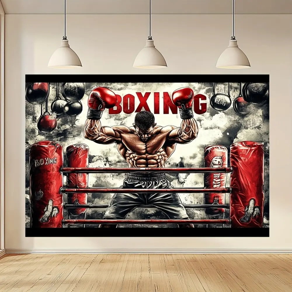 Boxing Theme 2D Flat Decorative Banner, Single-Sided Polyester Party Backdrop with Metal Grommets for Easy Hanging, Boxing Ring Wall Art Photo Background for Birthday Parties, Sports Events, Gym Decor & Photography Props