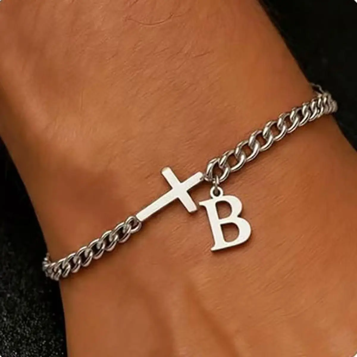 Loveden 2026 New Men's High Quality Exquisite Trendy Fashionable Cross Charm Bangle - Custom Initial Charm Cuban Link Stainless Steel Chain Bracelet, Men's Accessories for Daily Wear, Father's Day Gift